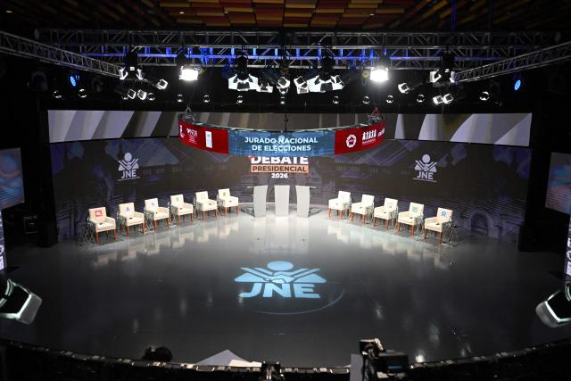 The television studio is seen ahead of the first round of debates on tackling crime and corruption at the Lima Convention Center in Lima on March 23, 2026, ahead of the April 12 general election. (Photo by ERNESTO BENAVIDES / AFP)