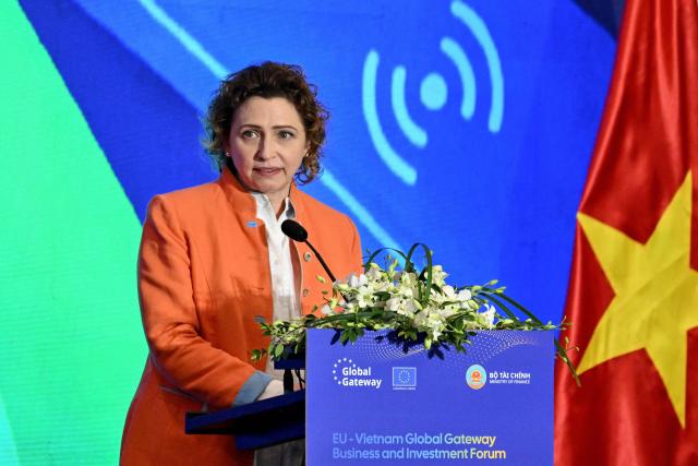 Vice-President of the European Investment Bank (EIB) Nicola Beer speaks during the EU-Vietnam business and investment forum in Hanoi on March 24, 2026. (Photo by Nhac NGUYEN / AFP)