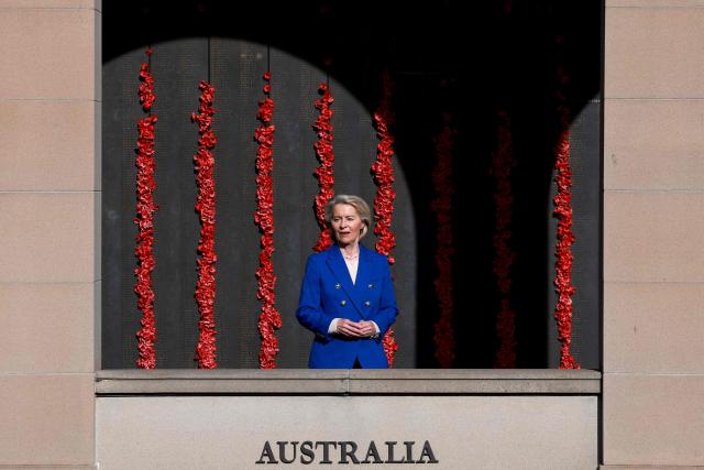 European Commission President Ursula von der Leyen visits the Roll of Honour during her tour of the Australian War Memorial in Canberra on March 24, 2026. (Photo by DAVID GRAY / AFP)