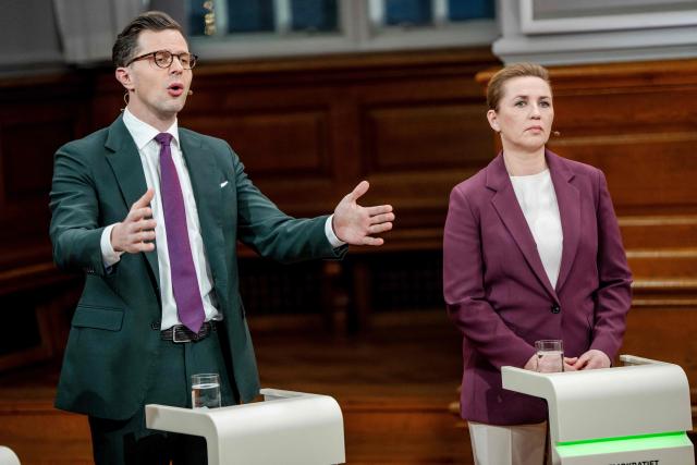 Liberal Alliance Leader Alex Vanopslagh (L) and Social Democrats Leader Mette Frederiksen (R) take part in TV2's party leader debate 'The Last Answer' at Christiansborg in Copenhagen on March 23, 2026. (Photo by Mads Claus Rasmussen / Ritzau Scanpix / AFP) / Denmark OUT