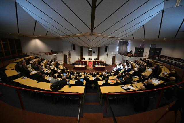 General view taken during the opening speech of the plenary assembly of the bishops of France in Lourdes, on March 24, 2026. (Photo by LIONEL BONAVENTURE / AFP)