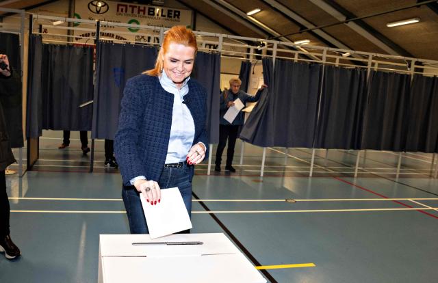 Inger Stoejberg, leader of the Denmark Democrats, casts her vote in Hadsund, on March 24, 2026, during the parliamentary election in Denmark. Danes began voting on March 24, 2026 in general elections, with Prime Minister Mette Frederiksen seen as the favourite after standing up to US President Donald Trump over Greenland. (Photo by Henning Bagger / Ritzau Scanpix / AFP) / Denmark OUT
