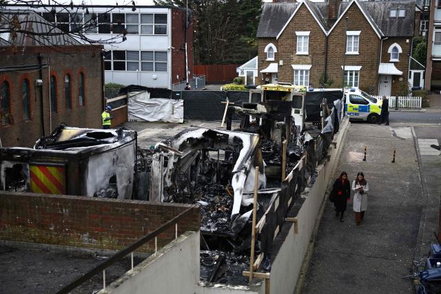 Burnt out ambulances are pictured at the scene of an antisemitic arson attack in the Golders Green neighbourhood of north London, on March 24, 2026, an incident where volunteer ambulances run by a Jewish organisation were set on fire the previous night. Britain's Prime Minister Keir Starmer on March 23 condemned "a deeply shocking antisemitic arson attack" on volunteer ambulances run by a Jewish organisation in London. (Photo by Henry NICHOLLS / AFP)
