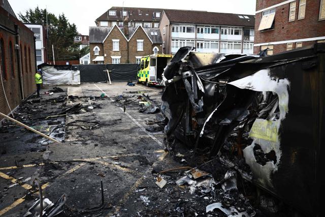Burnt out ambulances are pictured at the scene of an antisemitic arson attack in the Golders Green neighbourhood of north London, on March 24, 2026, an incident where volunteer ambulances run by a Jewish organisation were set on fire the previous night. Britain's Prime Minister Keir Starmer on March 23 condemned "a deeply shocking antisemitic arson attack" on volunteer ambulances run by a Jewish organisation in London. (Photo by Henry NICHOLLS / AFP)