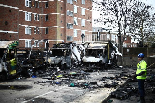 Burnt out ambulances are pictured at the scene of an antisemitic arson attack in the Golders Green neighbourhood of north London, on March 24, 2026, an incident where volunteer ambulances run by a Jewish organisation were set on fire the previous night. Britain's Prime Minister Keir Starmer on March 23 condemned "a deeply shocking antisemitic arson attack" on volunteer ambulances run by a Jewish organisation in London. (Photo by Henry NICHOLLS / AFP)