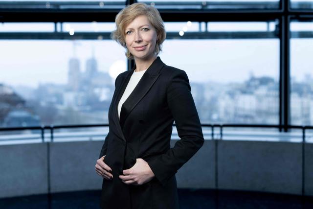 (FILES) Newly appointed head of the Arab World Institute (IMA), Anne-Claire Legendre poses at the Institut du Monde Arabe (IMA - Arab World Institute) in Paris on February 18, 2026. The Arab World Institute (IMA) navigates between culture and diplomacy as it turns forty, facing financial strains but aiming to dispel "misunderstandings" and "fantasies" surrounding a region in turmoil, its president Anne-Claire Legendre told AFP. (Photo by Joel Saget / AFP)