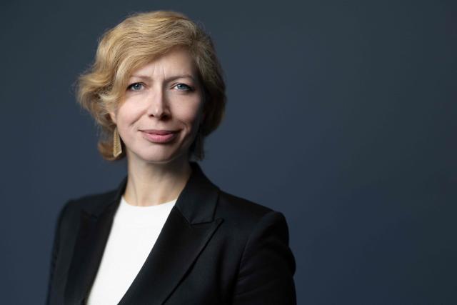 (FILES) Newly appointed head of the Arab World Institute (IMA), Anne-Claire Legendre poses at the Institut du Monde Arabe (IMA - Arab World Institute) in Paris on February 18, 2026. The Arab World Institute (IMA) navigates between culture and diplomacy as it turns forty, facing financial strains but aiming to dispel "misunderstandings" and "fantasies" surrounding a region in turmoil, its president Anne-Claire Legendre told AFP. (Photo by Joel Saget / AFP)
