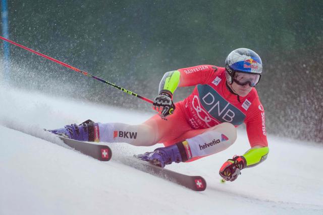 Switzerland's Marco Odermatt competes during the men's FIS Ski World Cup Giant Slalom race in Kvitfjell, near Lillehammer, Norway on March 24, 2026. (Photo by Cornelius Poppe / NTB / AFP) / Norway OUT