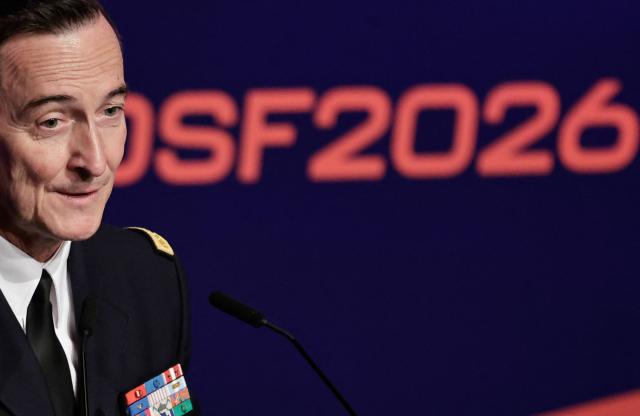 General Chief of Staff of the French armed Forces Fabien Mandon delivers remarks during the Paris Defence Strategy Forum at the Ecole Militaire (military school) in Paris on March 24, 2026. (Photo by STEPHANE DE SAKUTIN / AFP)