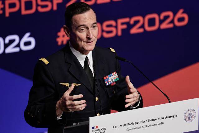 General Chief of Staff of the French armed Forces Fabien Mandon delivers remarks during the Paris Defence Strategy Forum at the Ecole Militaire (military school) in Paris on March 24, 2026. (Photo by STEPHANE DE SAKUTIN / AFP)