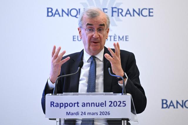 Governor of the Bank of France Francois Villeroy de Galhau speaks during a press conference to present the 2025 annual report of France's central bank in Paris on March 24, 2026. (Photo by Bertrand GUAY / AFP)
