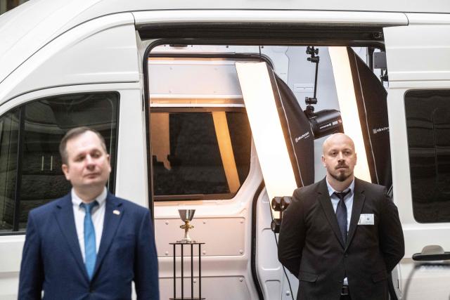 Photo taken in Prague's National Museum shows a 3D scanning of a Ukrainian artifact in The Archa III (Ark Project) truck on March 24, 2026 in Prague, Czech Republic. Prague's National Museum will send this truck with equipment able to digitise books and historic and valuable artifacts across Ukraine in a drive to help preserve the war-ravaged country's cultural heritage. (Photo by Michal Cizek / AFP)