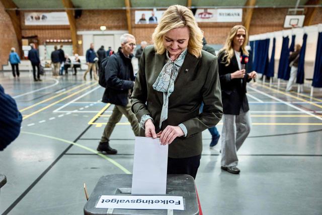 Mona Juul, leader of the Conservative People's Party votes in Horsens, on March 24, 2026 during the parliamentary election in Denmark. Danes vote on March 24, 2026 in general elections, with Prime Minister Mette Frederiksen seen as the favourite after standing up to US President Donald Trump over Greenland. (Photo by Mikkel Berg Pedersen / Ritzau Scanpix / AFP) / Denmark OUT