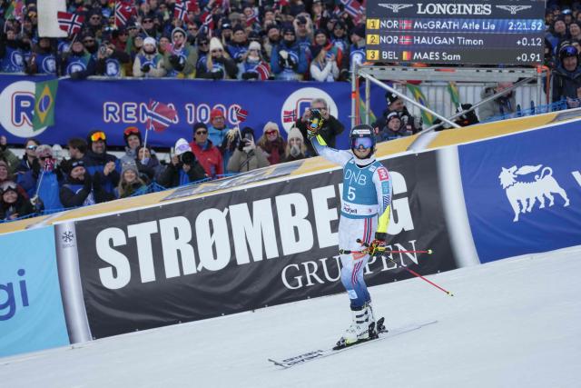 Third placed Norway's Atle Lie Mcgrath reacts after competing the men's FIS Ski World Cup Giant Slalom race in Kvitfjell, near Lillehammer, Norway on March 24, 2026. (Photo by Cornelius Poppe / NTB / AFP) / Norway OUT