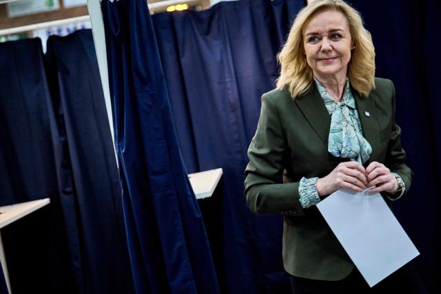 Mona Juul, leader of the Conservative People's Party votes in Horsens, on March 24, 2026 during the parliamentary election in Denmark. Danes vote on March 24, 2026 in general elections, with Prime Minister Mette Frederiksen seen as the favourite after standing up to US President Donald Trump over Greenland. (Photo by Mikkel Berg Pedersen / Ritzau Scanpix / AFP) / Denmark OUT