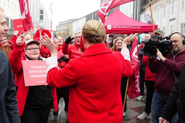 Denmark's Prime Minister and Social Democrats' leader Mette Frederiksen, attents an election rally in Aalborg, on March 24, 2026 during the parliamentary election in Denmark. Danes vote on March 24, 2026 in general elections, with Prime Minister Mette Frederiksen seen as the favourite after standing up to US President Donald Trump over Greenland. (Photo by Henning Bagger / Ritzau Scanpix / AFP) / Denmark OUT