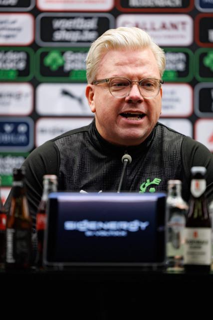 Cercle's Danish newly appointed head coach Lars Friis speaks during a press conference of Cercle Brugge KSV in Bruges on March 24, 2026. (Photo by KURT DESPLENTER / Belga / AFP) / Belgium OUT