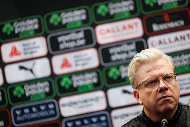 Cercle's Danish newly appointed head coach Lars Friis speaks during a press conference of Cercle Brugge KSV in Bruges on March 24, 2026. (Photo by KURT DESPLENTER / Belga / AFP) / Belgium OUT