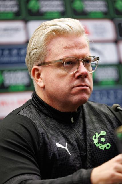 Cercle's Danish newly appointed head coach Lars Friis speaks during a press conference of Cercle Brugge KSV in Bruges on March 24, 2026. (Photo by KURT DESPLENTER / Belga / AFP) / Belgium OUT