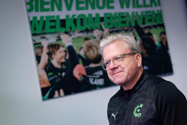 Cercle's Danish newly appointed head coach Lars Friis looks on during a press conference of Cercle Brugge KSV in Bruges on March 24, 2026. (Photo by KURT DESPLENTER / Belga / AFP) / Belgium OUT