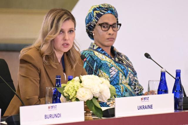 First Lady of Ukraine Olena Zelenska (L) speaks during the Fostering the Future Together Global Coalition Summit hosted by US First Lady Melania Trump at the State Department in Washington, DC, on March 24, 2026. (Photo by Oliver Contreras / AFP)