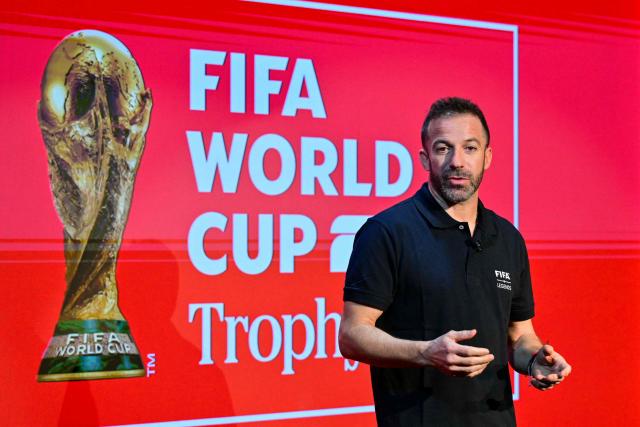 Italian former footballer Alessandro Del Piero speaks during the Los Angeles stop of The FIFA World Cup 26 Trophy Tour by Coca-Cola at LA Live in Los Angeles on March 24, 2026. (Photo by Frederic J. Brown / AFP)