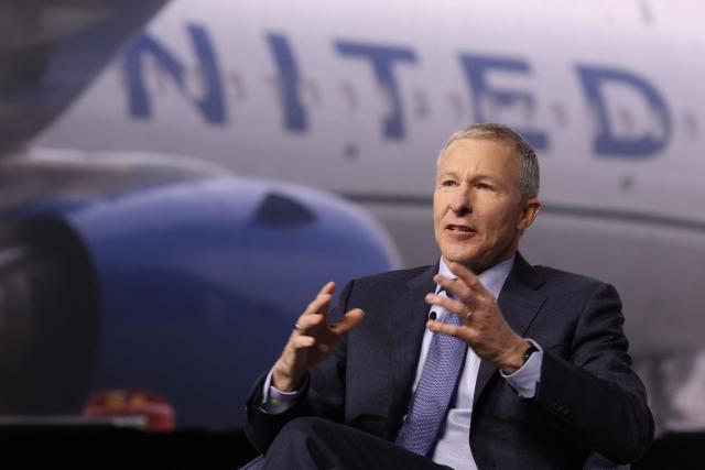 United Airlines CEO Scott Kirby speaks during a media event showcasing the airline's new premium "Elevated" aircraft interior at Los Angeles International Airport (LAX) in Los Angeles, California, on March 24, 2026. (Photo by Patrick T. Fallon / AFP)