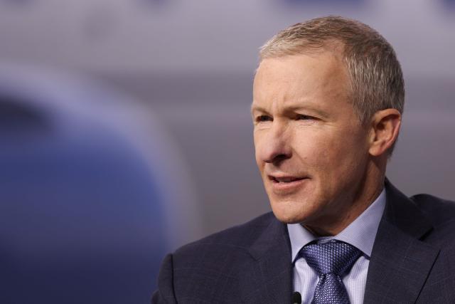 United Airlines CEO Scott Kirby speaks during a media event showcasing the airline's new premium "Elevated" aircraft interior at Los Angeles International Airport (LAX) in Los Angeles, California, on March 24, 2026. (Photo by Patrick T. Fallon / AFP)