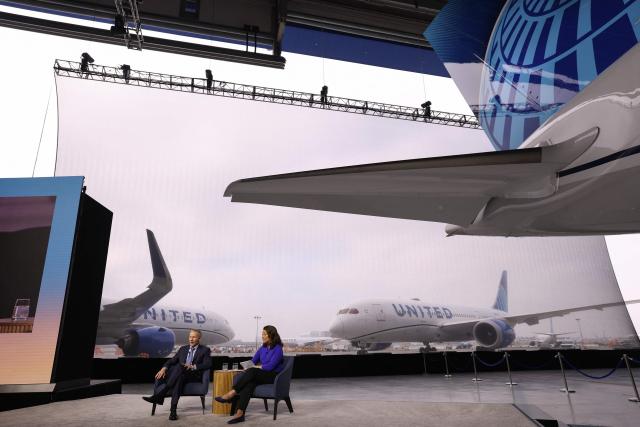 United Airlines CEO Scott Kirby speaks during a media event showcasing the airline's new premium "Elevated" aircraft interior at Los Angeles International Airport (LAX) in Los Angeles, California, on March 24, 2026. (Photo by Patrick T. Fallon / AFP)