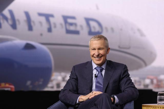 United Airlines CEO Scott Kirby speaks during a media event showcasing the airline's new premium "Elevated" aircraft interior at Los Angeles International Airport (LAX) in Los Angeles, California, on March 24, 2026. (Photo by Patrick T. Fallon / AFP)
