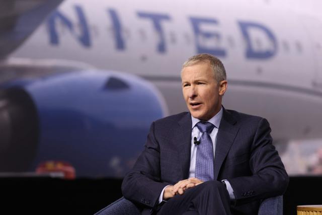 United Airlines CEO Scott Kirby speaks during a media event showcasing the airline's new premium "Elevated" aircraft interior at Los Angeles International Airport (LAX) in Los Angeles, California, on March 24, 2026. (Photo by Patrick T. Fallon / AFP)