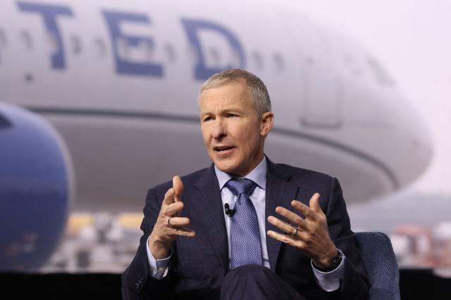 United Airlines CEO Scott Kirby speaks during a media event showcasing the airline's new premium "Elevated" aircraft interior at Los Angeles International Airport (LAX) in Los Angeles, California, on March 24, 2026. (Photo by Patrick T. Fallon / AFP)