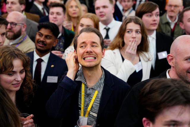 Members of The Social Democrats react after the first exit polls for the Danish election for the parliament in Copenhagen, Denmark, on March 24, 2026. Danish Prime Minister Mette Frederiksen's Social Democrats and the left-wing bloc took an early lead in Denmark's general election but failed to secure a majority, two exit polls predicted after voting stations closed. (Photo by Mads Claus Rasmussen / Ritzau Scanpix / AFP) / Denmark OUT