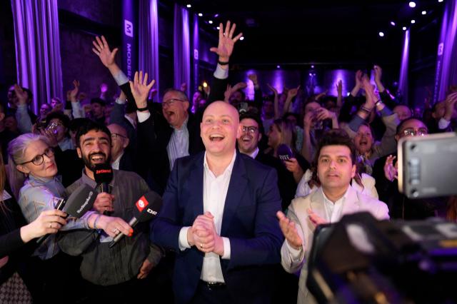 Danish politician of the Moderates Party Jacob Engel Schmidt reacts after the first exit polls for the Danish election for the parliament in Copenhagen, Denmark, on March 24, 2026. (Photo by Rasmus Flindt Pedersen / Ritzau Scanpix / AFP) / Denmark OUT