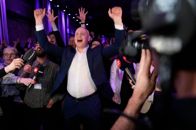 Danish politician of the Moderates Party Jacob Engel Schmidt reacts after the first exit polls for the Danish election for the parliament in Copenhagen, Denmark, on March 24, 2026. (Photo by Rasmus Flindt Pedersen / Ritzau Scanpix / AFP) / Denmark OUT