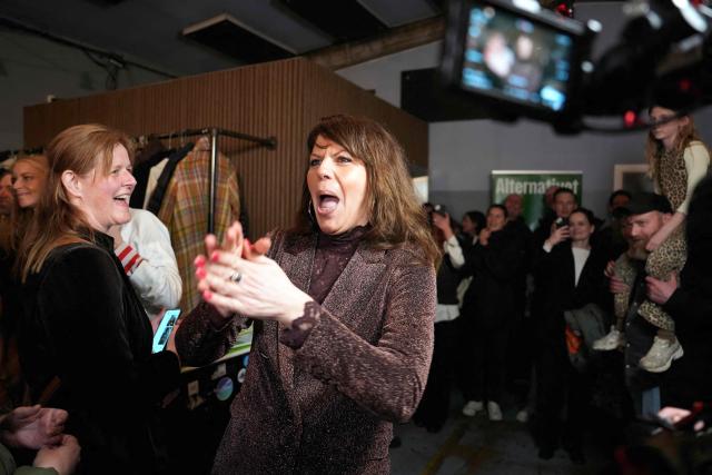 The political leader of the green and pro-European The Alternative (AL) party Franciska Rosenkilde reacts during an election ceremony after the first exit polls for the Danish election for the parliament in Copenhagen, Denmark, on March 24, 2026. Danish Prime Minister Mette Frederiksen's Social Democrats and the left-wing bloc took an early lead in Denmark's general election but failed to secure a majority, two exit polls predicted after voting stations closed. (Photo by Keld Navntoft / Ritzau Scanpix / AFP) / Denmark OUT