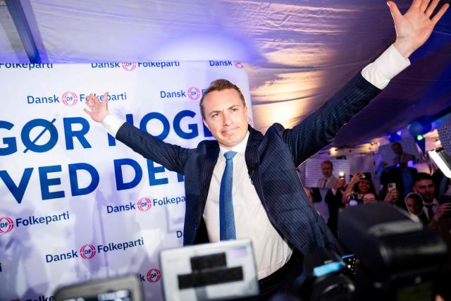 The chairman of the Danish People's Party Morten Messerschmidt reacts during an election party after the first exit polls for the Danish election for the parliament in Copenhagen, Denmark, on March 24, 2026. Danish Prime Minister Mette Frederiksen's Social Democrats and the left-wing bloc took an early lead in Denmark's general election but failed to secure a majority, two exit polls predicted after voting stations closed. (Photo by Sebastian Elias Uth / Ritzau Scanpix / AFP) / Denmark OUT