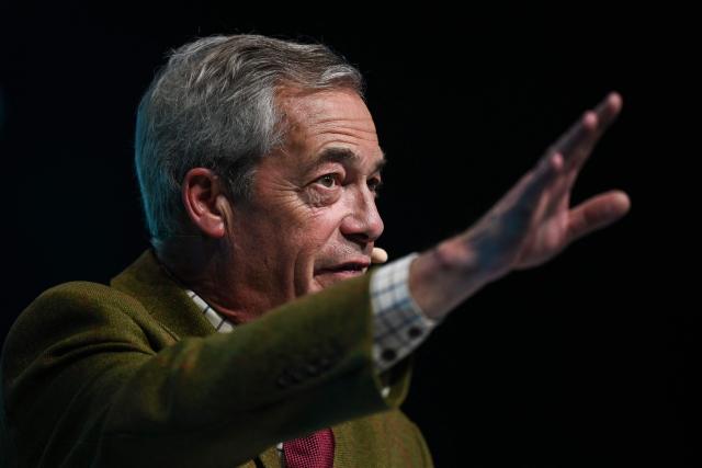 Reform UK party leader Nigel Farage speaks during a local election campaign rally in Leeds, northern England on March 24, 2026. (Photo by Oli SCARFF / AFP)