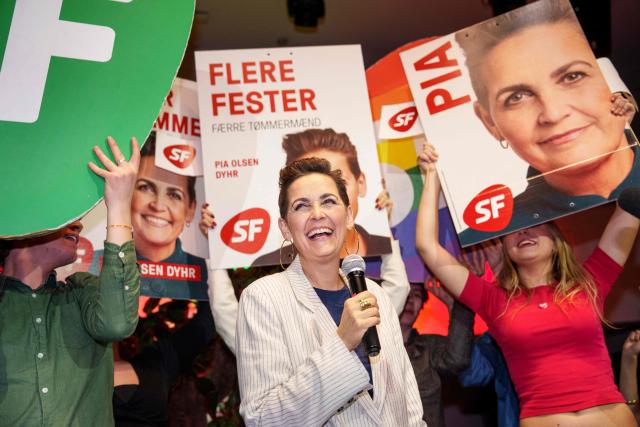 Pia Olsen Dyhr, chairwoman of the Socialist People's Party arrives to give a speech at the party's election celebration after the first exit polls for the Danish election for the parliament at Johan Borup's Folk High School in Copenhagen, Denmark, on March 24, 2026. (Photo by Liselotte Sabroe / Ritzau Scanpix / AFP) / Denmark OUT