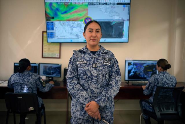 Mexican Air Force lieutenant and meteorologist Jennifer Velazquez poses for a photo at the meteorological service that supports Mexican Air Force squadrons at the Santa Lucia Military Base in Zumpango, State of Mexico, on March 24, 2026. (Photo by Alfredo ESTRELLA / AFP)