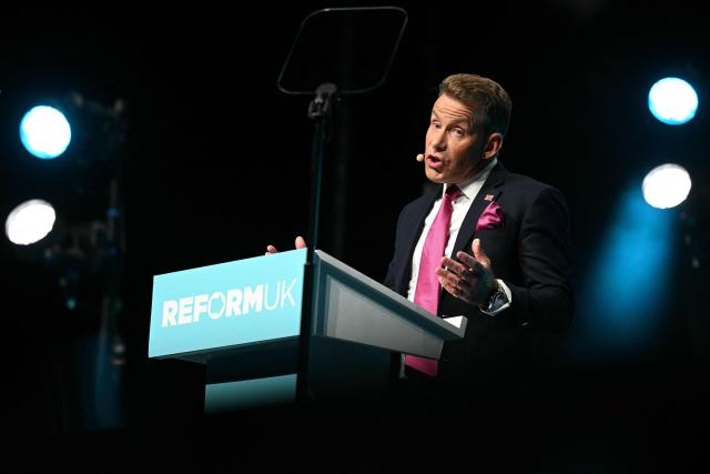 Reform UK party chairman David Bull speaks during a local election campaign rally in Leeds, northern England on March 24, 2026. (Photo by Oli SCARFF / AFP)