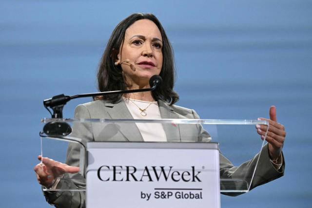 Venezuelan opposition leader Maria Corina Machado speaks during 2026 CERAWeek by S&P Global energy conference in Houston, Texas on March 24, 2026. (Photo by RONALDO SCHEMIDT / AFP)