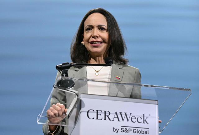 Venezuelan opposition leader Maria Corina Machado speaks during 2026 CERAWeek by S&P Global energy conference in Houston, Texas on March 24, 2026. (Photo by RONALDO SCHEMIDT / AFP)