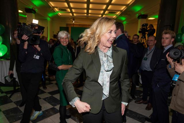 Political leader of the Conservative People's Party Mona Juul arrives for an election celebration after the first exit polls for the Danish election for the parliament at Tietgens Hus in Copenhagen on March 24, 2026. (Photo by Claus Bech / Ritzau Scanpix / AFP) / Denmark OUT