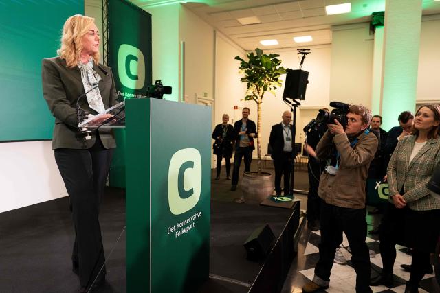 Political leader of the Conservative People's Party Mona Juul speaks at an election celebration after the first exit polls for the Danish election for the parliament at Tietgens Hus in Copenhagen on March 24, 2026. (Photo by Claus Bech / Ritzau Scanpix / AFP) / Denmark OUT