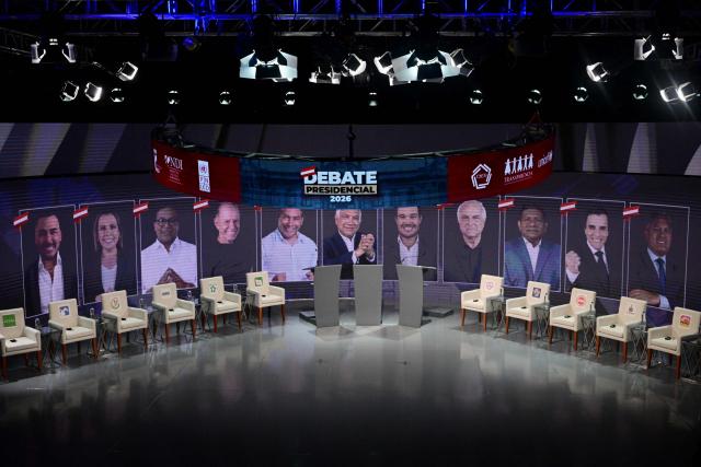 The television studio is seen ahead of the second round of debates on tackling crime and corruption at the Lima Convention Center in Lima on March 24, 2026. Peru will hold presidential elections on April 12. (Photo by ERNESTO BENAVIDES / AFP)