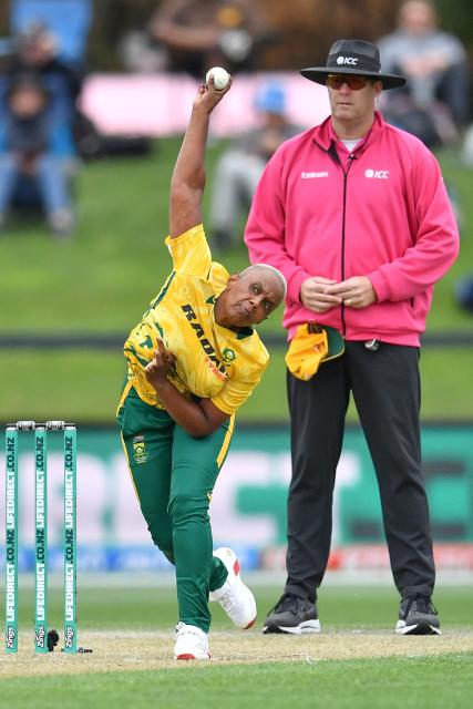 South Africa's Masabata Klaas bowls during the fifth Twenty20 international women's cricket match between New Zealand and South Africa at Hagley Oval in Christchurch on March 25, 2026. (Photo by Sanka Vidanagama / AFP)