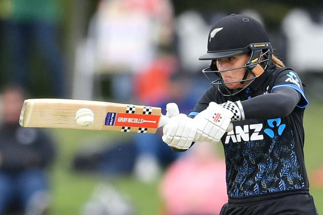 New Zealand's Amelia Kerr plays a shot during the fifth Twenty20 international women's cricket match between New Zealand and South Africa at Hagley Oval in Christchurch on March 25, 2026. (Photo by Sanka Vidanagama / AFP)