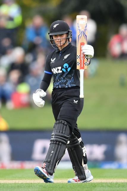 New Zealand's Amelia Kerr celebrates her half century during the fifth Twenty20 international women's cricket match between New Zealand and South Africa at Hagley Oval in Christchurch on March 25, 2026. (Photo by Sanka Vidanagama / AFP)