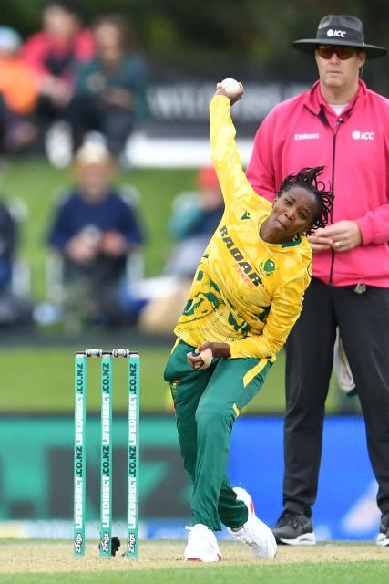 South Africa's Ayabonga Khaka bowls during the fifth Twenty20 international women's cricket match between New Zealand and South Africa at Hagley Oval in Christchurch on March 25, 2026. (Photo by Sanka Vidanagama / AFP)